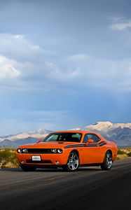 Preview wallpaper dodge, challenger, cars, side view, road, sky