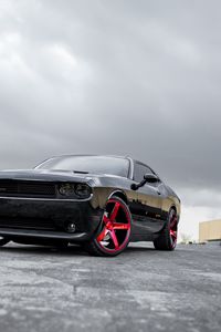 Preview wallpaper dodge challenger, dodge, car, black, front view, wheel