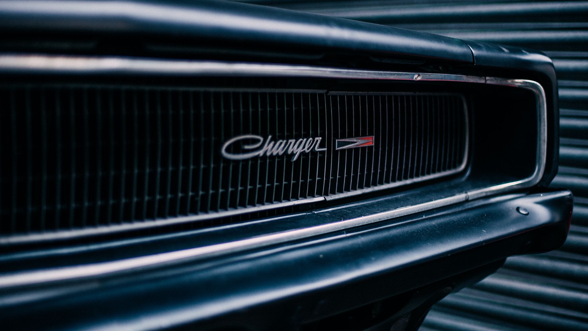 Download wallpaper 2048x1152 dodge charger, front bumper, logo