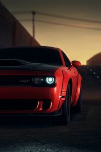 Preview wallpaper dodge srt, dodge, sportscar, red, front view, headlights