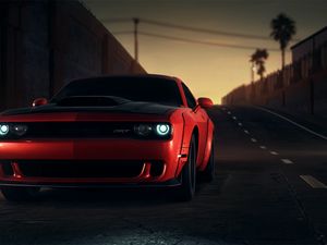 Preview wallpaper dodge srt, dodge, sportscar, red, front view, headlights