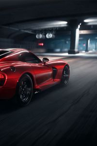 Preview wallpaper dodge viper srt, dodge, sportscar, red, side view, night, tunnel, asphalt