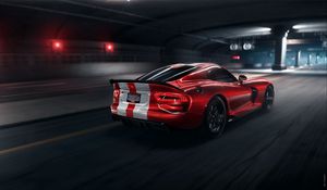 Preview wallpaper dodge viper srt, dodge, sportscar, red, side view, night, tunnel, asphalt