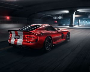 Preview wallpaper dodge viper srt, dodge, sportscar, red, side view, night, tunnel, asphalt