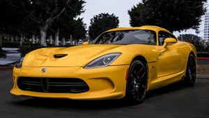 Preview wallpaper dodge, viper, yellow, front view, trees