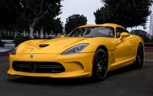 Preview wallpaper dodge, viper, yellow, front view, trees