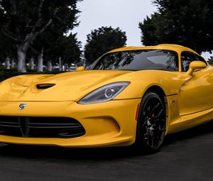 Preview wallpaper dodge, viper, yellow, front view, trees