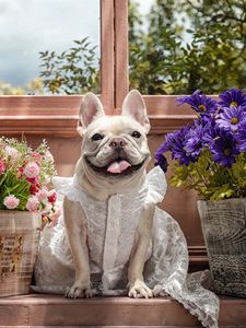 Preview wallpaper dog, bulldog, dress, flowers, tongue, eyes