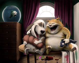 Preview wallpaper dog, cat, art, humor, aquarium