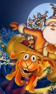 Preview wallpaper dog, deer, santa claus, flying, trees, moon, night, christmas