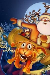 Preview wallpaper dog, deer, santa claus, flying, trees, moon, night, christmas