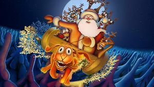 Preview wallpaper dog, deer, santa claus, flying, trees, moon, night, christmas