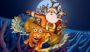 Preview wallpaper dog, deer, santa claus, flying, trees, moon, night, christmas