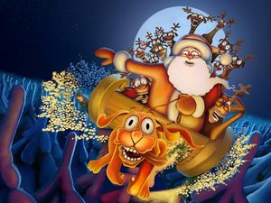Preview wallpaper dog, deer, santa claus, flying, trees, moon, night, christmas
