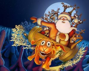 Preview wallpaper dog, deer, santa claus, flying, trees, moon, night, christmas