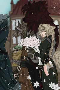 Preview wallpaper dog girl, girl, flowers, werewolf, anime, art