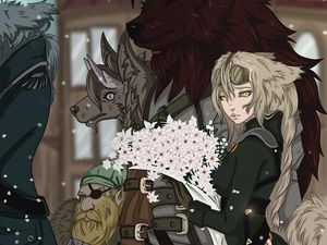 Preview wallpaper dog girl, girl, flowers, werewolf, anime, art
