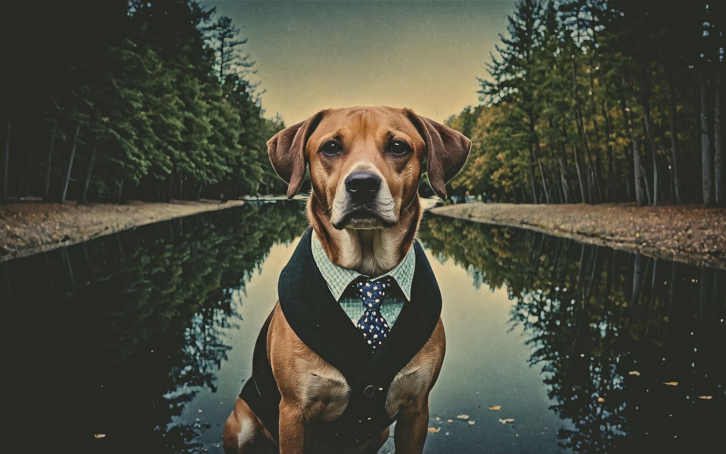 1440x900 Wallpaper dog, pet, tie, pond