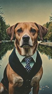 Preview wallpaper dog, pet, tie, pond