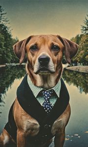 Preview wallpaper dog, pet, tie, pond