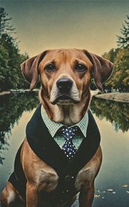 Preview wallpaper dog, pet, tie, pond
