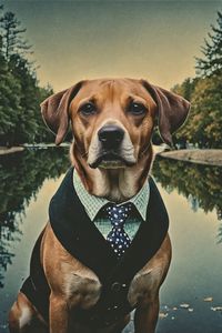 Preview wallpaper dog, pet, tie, pond