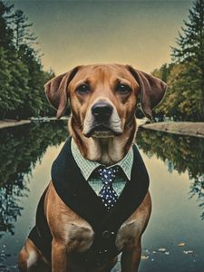 Preview wallpaper dog, pet, tie, pond