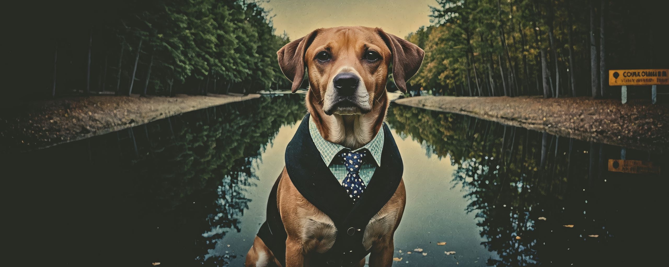 2560x1024 Wallpaper dog, pet, tie, pond