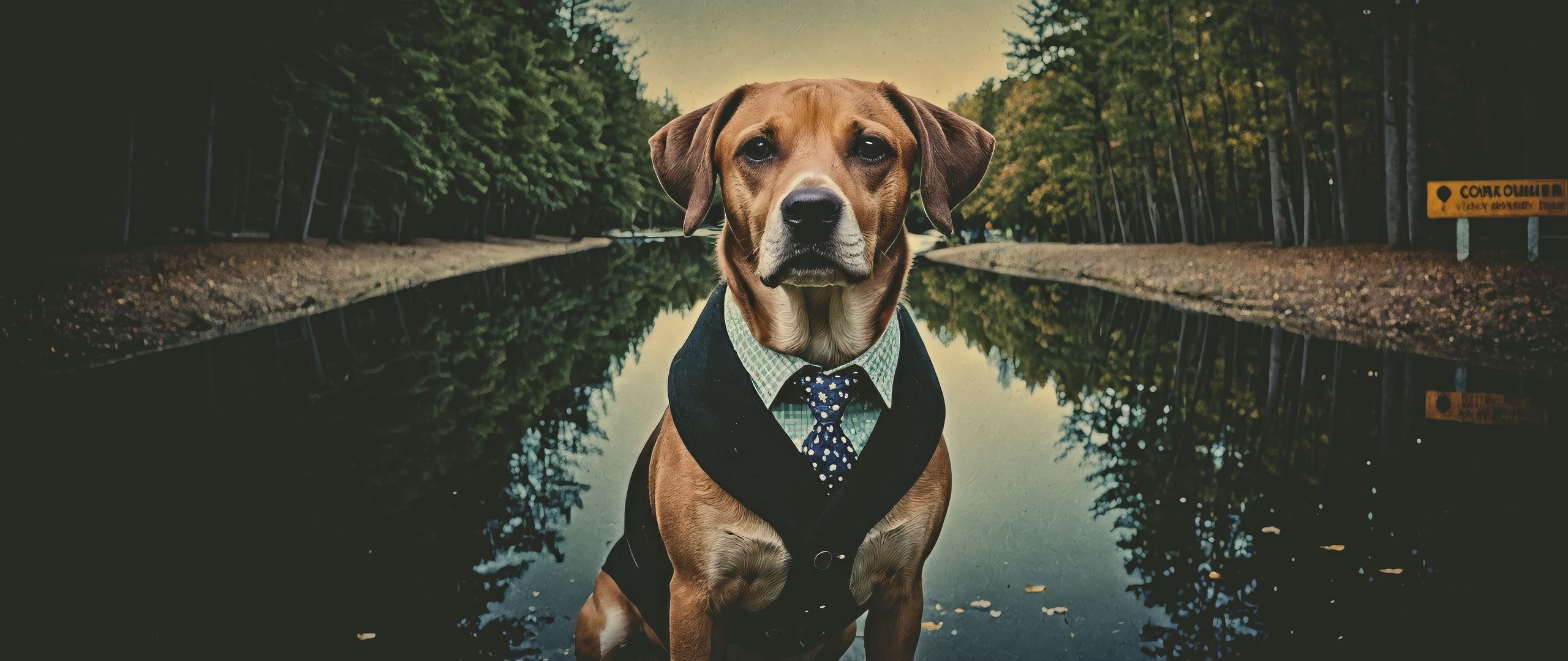 2560x1080 Wallpaper dog, pet, tie, pond