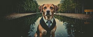 Preview wallpaper dog, pet, tie, pond
