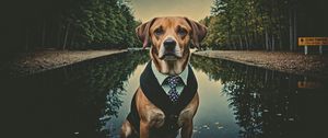 Preview wallpaper dog, pet, tie, pond