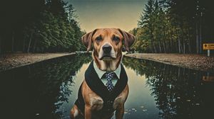 Preview wallpaper dog, pet, tie, pond