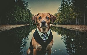 Preview wallpaper dog, pet, tie, pond