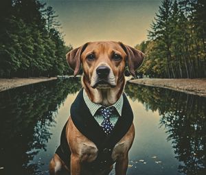 Preview wallpaper dog, pet, tie, pond