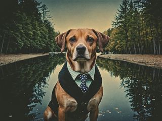 320x240 Wallpaper dog, pet, tie, pond