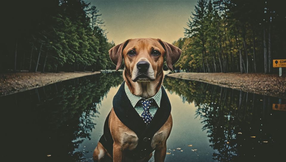 960x544 Wallpaper dog, pet, tie, pond
