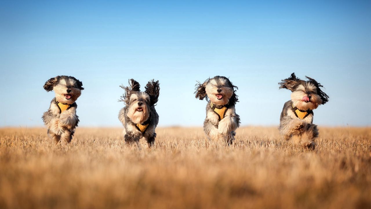 Wallpaper dog, run, grass, wind
