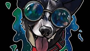 Preview wallpaper dog, tongue protruding, sunglasses, collar, art