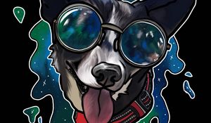 Preview wallpaper dog, tongue protruding, sunglasses, collar, art
