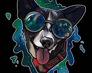 Preview wallpaper dog, tongue protruding, sunglasses, collar, art