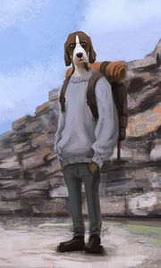 Preview wallpaper dog, tourist, backpack, art