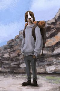 Preview wallpaper dog, tourist, backpack, art