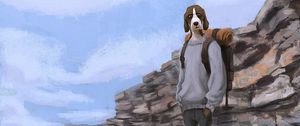 Preview wallpaper dog, tourist, backpack, art