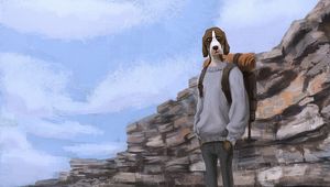 Preview wallpaper dog, tourist, backpack, art