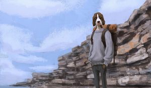 Preview wallpaper dog, tourist, backpack, art