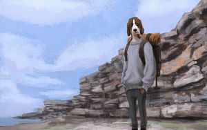 Preview wallpaper dog, tourist, backpack, art