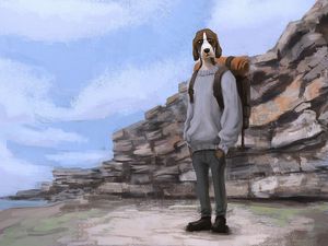 Preview wallpaper dog, tourist, backpack, art