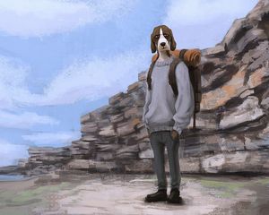 Preview wallpaper dog, tourist, backpack, art