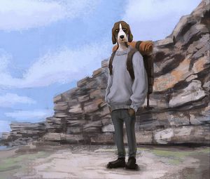 Preview wallpaper dog, tourist, backpack, art