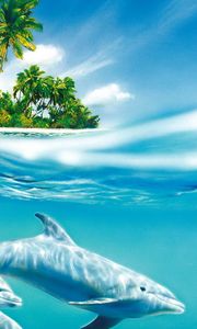 Preview wallpaper dolphin, palm trees, wind, waves, sea, trees